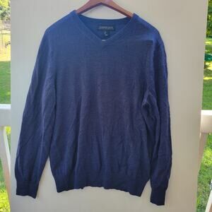 HARRISON DAVIS Mens Soft 100% Extra Fine Merino Wool V Neck Sweater L Blue